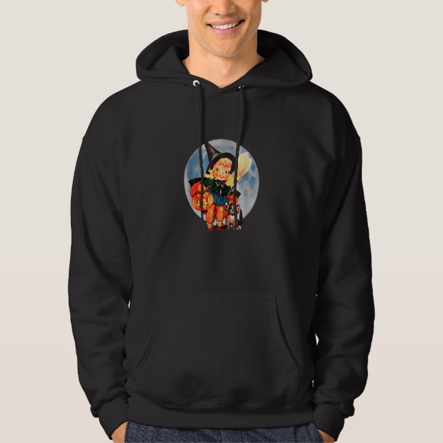 Vintage Halloween Retro Cute Witch Pumpkin Cat Hoodie (Front)