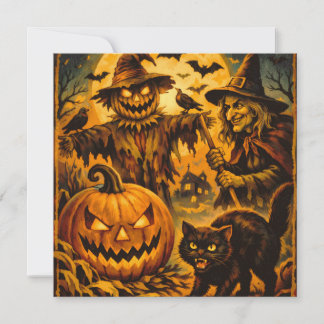 Vintage Halloween Scarecrow, Witch, Pumpkin  Card