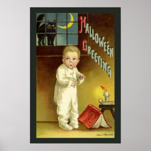 Vintage Halloween, Scared Boy with Black Cat Poster