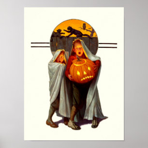 Vintage Halloween Scared Kids Poster