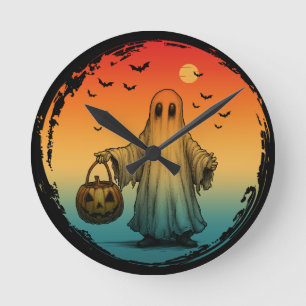 vintage halloween scary ghost pumpkin bats round clock