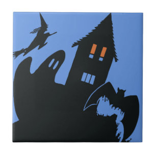 Vintage Halloween, Scary Haunted House and Witch Ceramic Tile