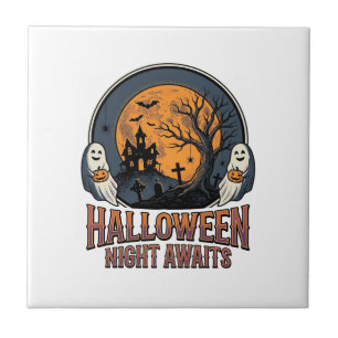 Vintage Halloween Scene Engraved Moon Ghost Shirt_ Ceramic Tile