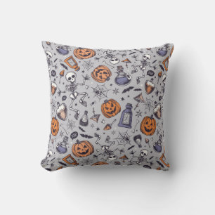 Vintage Halloween Skeleton and Potions Pattern Cushion