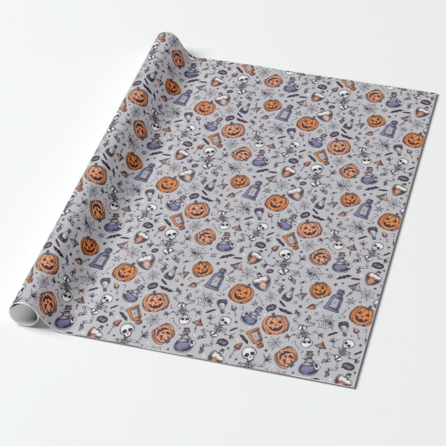 Vintage Halloween Skeleton and Potions Pattern Wrapping Paper (Unrolled)