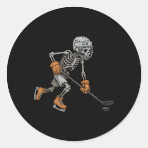 Vintage Halloween Skeleton Ice Hockey Funny Spooky Classic Round Sticker