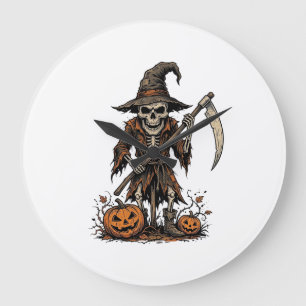 Vintage Halloween Skeleton Scarecrow Pumpkin Shirt Large Clock