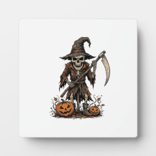 Vintage Halloween Skeleton Scarecrow Pumpkin Shirt Plaque