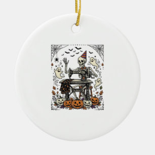 Vintage Halloween Skeleton Sewing Machine Shirt De Ceramic Ornament