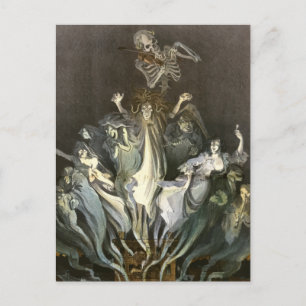 Vintage Halloween, Skeleton Violinist and Ghosts Postcard