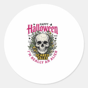 Vintage Halloween Skull Alien Graphic for White Sh Classic Round Sticker