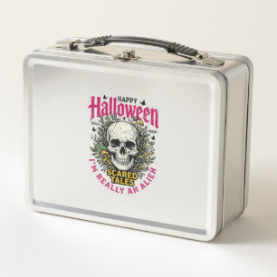Vintage Halloween Skull Alien Graphic for White Sh Metal Lunch Box