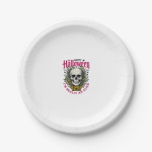 Vintage Halloween Skull Alien Graphic for White Sh Paper Plate