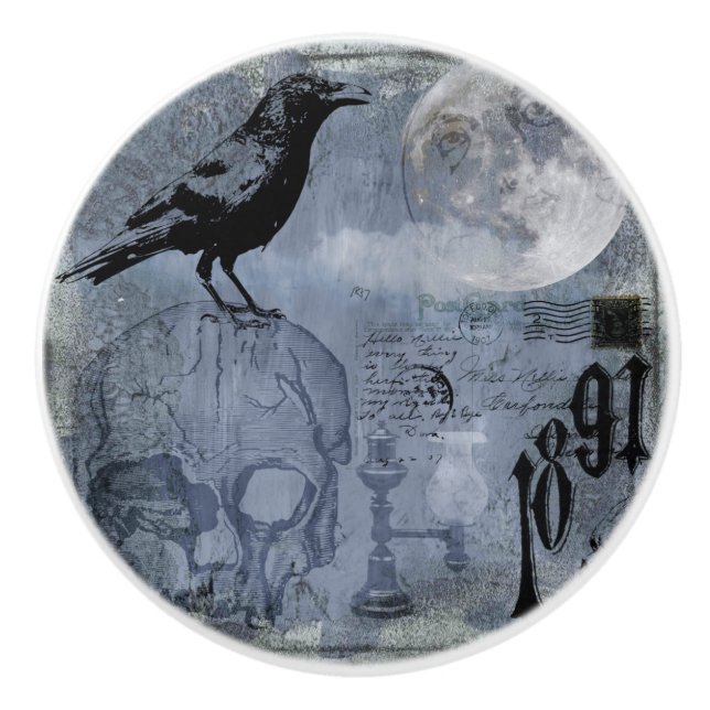 Vintage Halloween Skull and Crow Customise Ceramic Knob (Front)