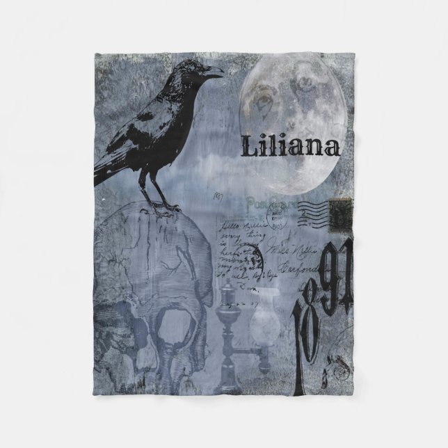 Vintage Halloween Skull and Crow Customise Fleece Blanket (Front)