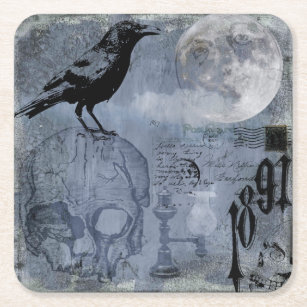 Vintage Halloween Skull and Crow Square Paper Coaster