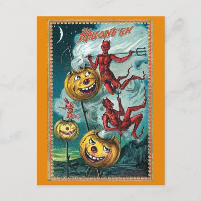Vintage Halloween Spooky Devil Pumpkin Postcard (Front)