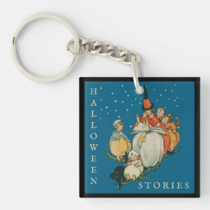 Vintage Halloween Storytime Little Witch Black Cat Key Ring