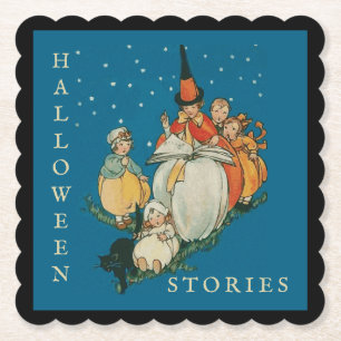 Vintage Halloween Storytime Little Witch Black Cat Paper Coaster