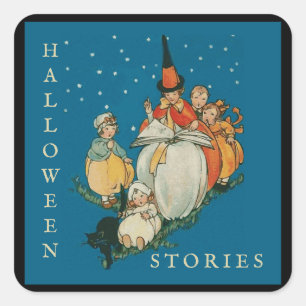 Vintage Halloween Storytime Little Witch Black Cat Square Sticker
