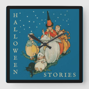 Vintage Halloween Storytime Little Witch Black Cat Square Wall Clock