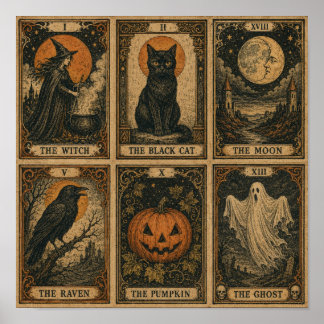 Vintage Halloween Tarot Cards Sheet Poster