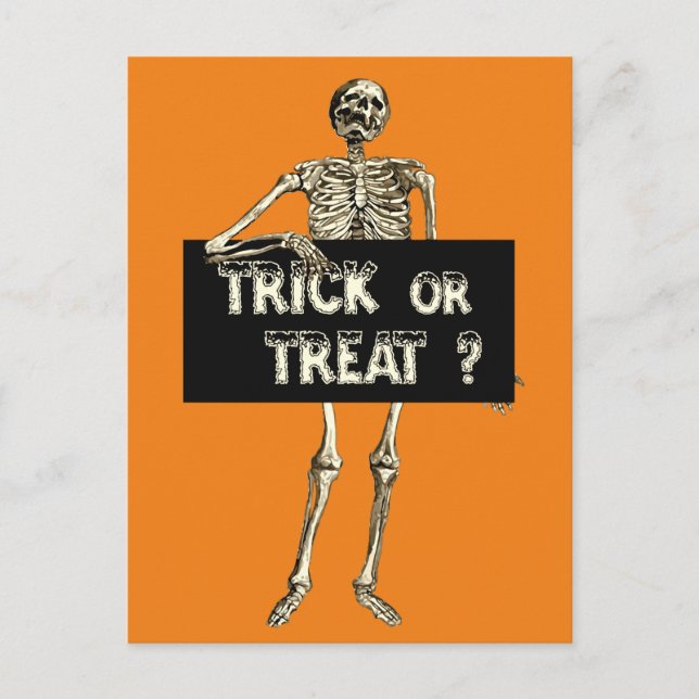 Vintage Halloween Trick or Treat Skeleton Postcard (Front)