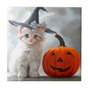 Vintage Halloween White Kitten and Jack-o'-lantern Ceramic Tile
