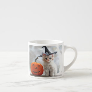 Vintage Halloween White Kitten and Jack-o'-lantern Espresso Cup