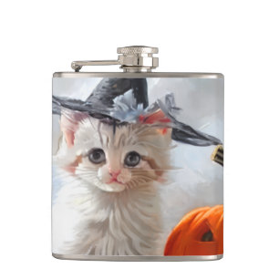 Vintage Halloween White Kitten and Jack-o'-lantern Hip Flask