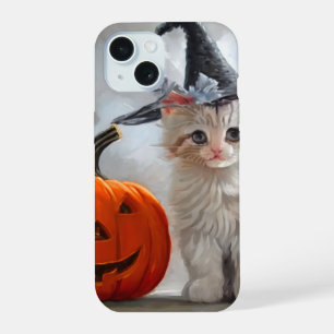 Vintage Halloween White Kitten and Jack-o'-lantern iPhone 15 Case