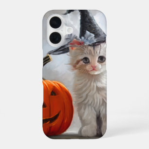 Vintage Halloween White Kitten and Jack-o'-lantern iPhone 16 Case
