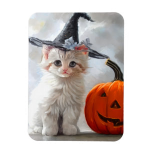 Vintage Halloween White Kitten and Jack-o'-lantern Magnet