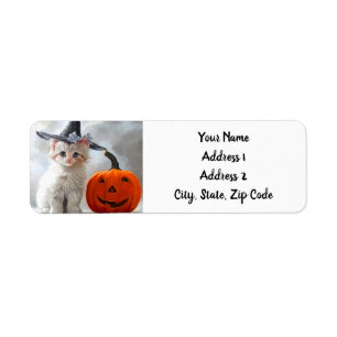 Vintage Halloween White Kitten and Jack-o'-lantern Return Address Label