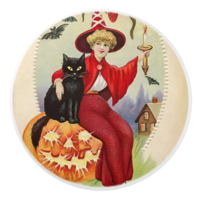 Vintage Halloween Witch and Black Cat Ceramic Knob (Front)