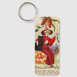 Vintage Halloween Witch and Black Cat Key Ring
