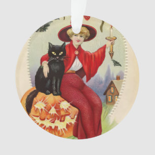Vintage Halloween Witch and Black Cat Ornament