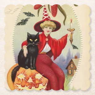 Vintage Halloween Witch and Black Cat Paper Coaster