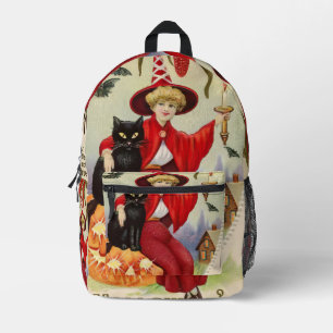 Vintage Halloween Witch and Black Cat Printed Backpack