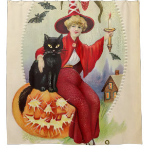 Vintage Halloween Witch and Black Cat Shower Curtain