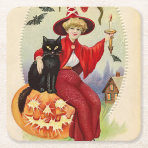 Vintage Halloween Witch and Black Cat Square Paper Coaster