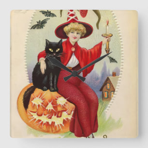 Vintage Halloween Witch and Black Cat Square Wall Clock
