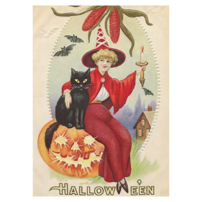 Vintage Halloween Witch and Black Cat Tablecloth (Front)