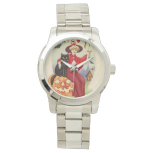 Vintage Halloween Witch and Black Cat Watch