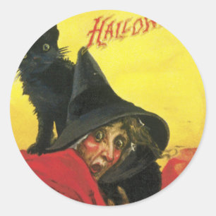 Vintage Halloween Witch and Cat Classic Round Sticker