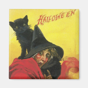 Vintage Halloween Witch and Cat Magnet
