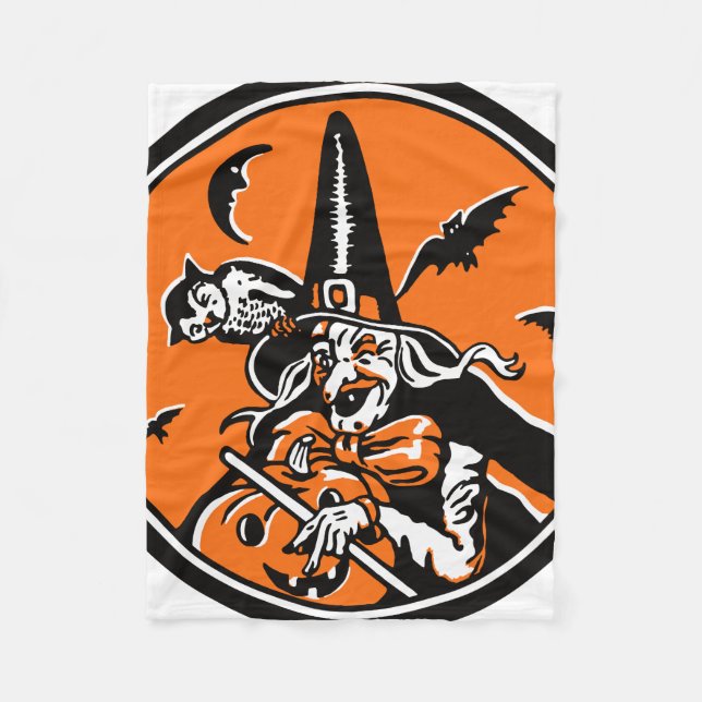Vintage Halloween Witch and Owl Illustration Fleece Blanket (Front)