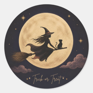 Vintage Halloween Witch & Black Cat Flying Moon St Classic Round Sticker