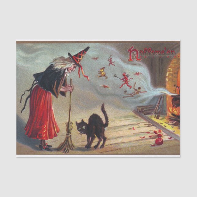 Vintage Halloween witch black cat party tissue Paper (Front)