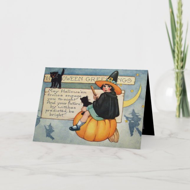 Vintage Halloween witch black cats Holiday card (Front)